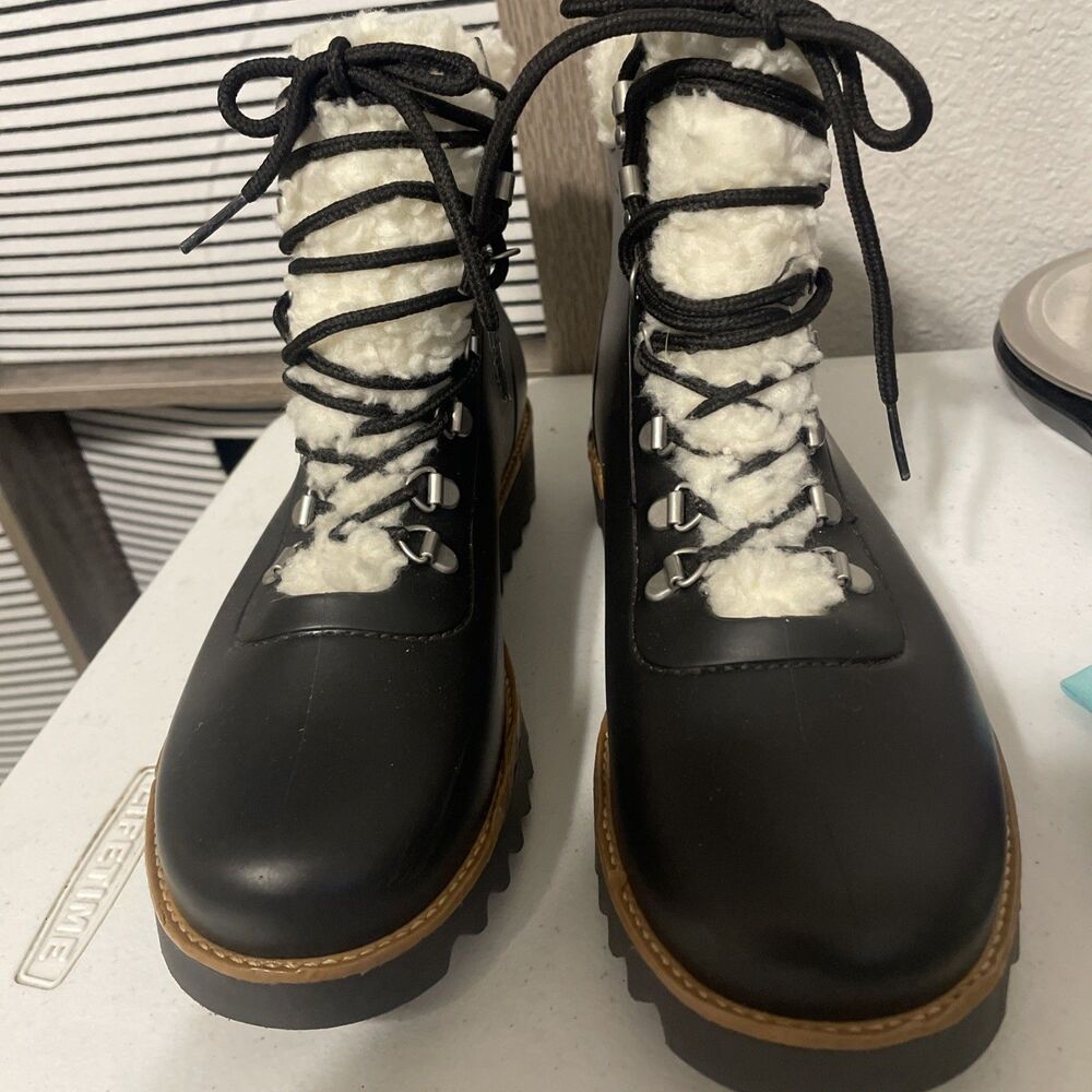 Bernardo Wiley Faux Shearling Trim Boots Black Anthropologie Rain Size 9